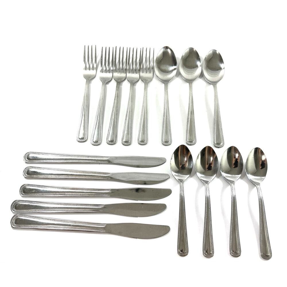 Vintage Japan Stainless Steel Flatware Lot 17 Pc Beaded Edge Forks Spoons Knives